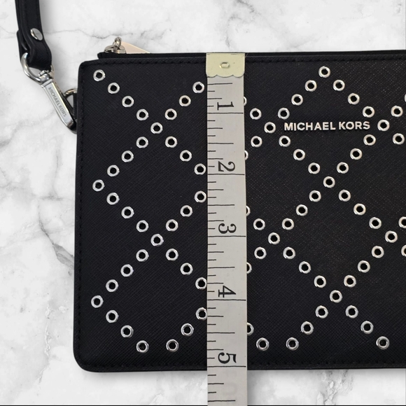 Michael Kors Daniela Grommeted Leather Wristlet‎ Black Silver Accents